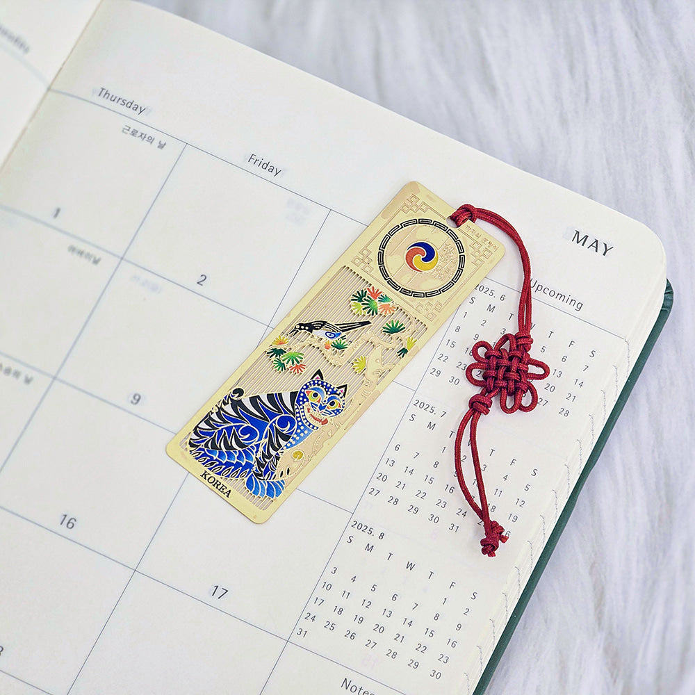 "K-pop Demon Hunters Duffy Tiger Magpie metal bookmark - Korean traditional Hojak-do folk art design"