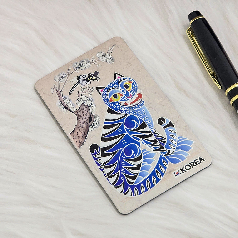 "Close-up of Korean magpie tiger folk art refrigerator magnet design"